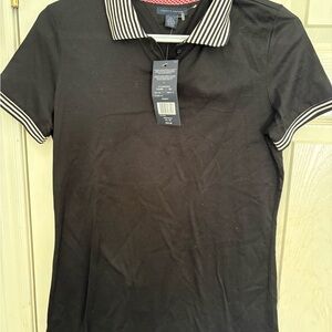 Women’s Tommy Hilfiger Black Short Sleeve Tee with Striped Collar size medium.